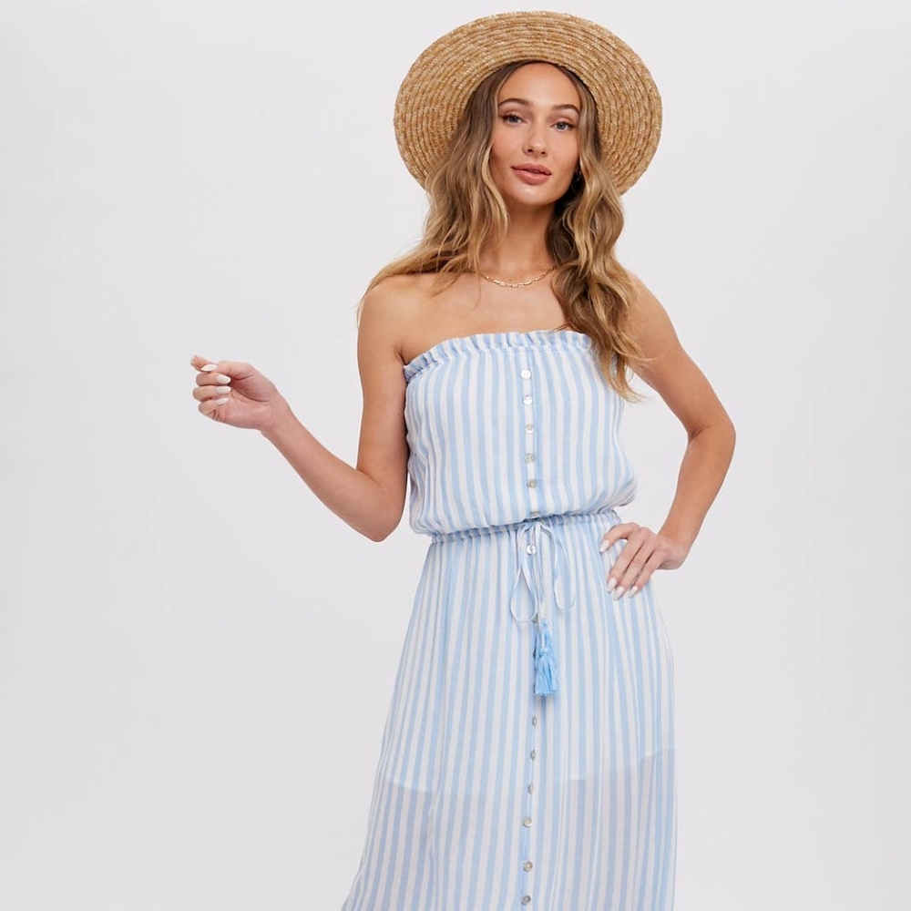 Stripe Button Front Tube Maxi Dress - Blue